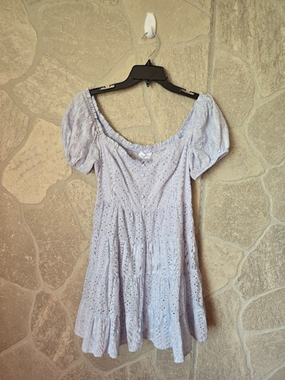 Eyelet Babydoll Mini Dress M Puff Sleeve Smocked Blue - Picture 12 of 12